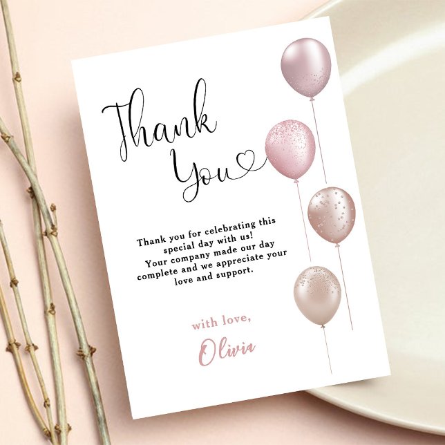 Blush Balloons Girl First Birthday Thank You Card (Creator Uploaded)