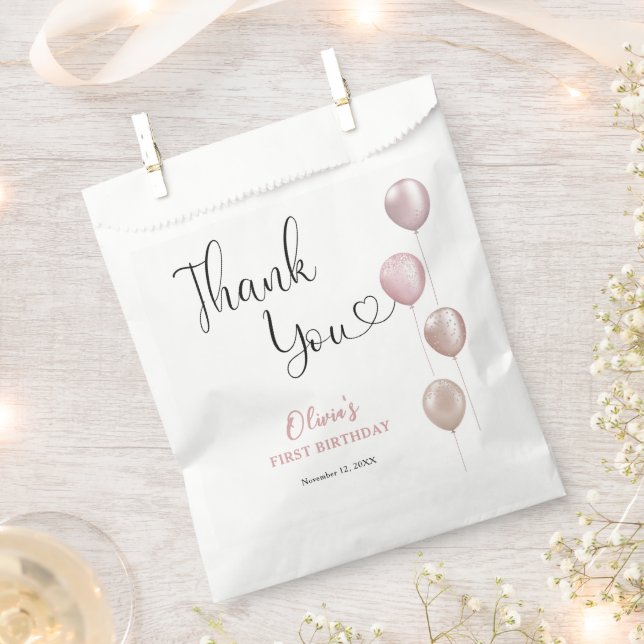 Blush Balloons Girl First Birthday Thank You Favour Bag (Clipped)