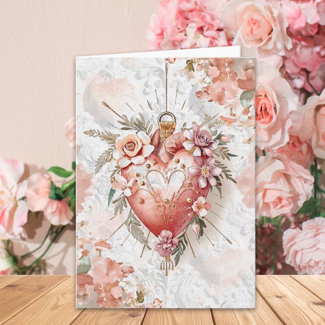 Blush Baroque Floral Sacred Heart Valentine’s Day  Card (Creator Uploaded)