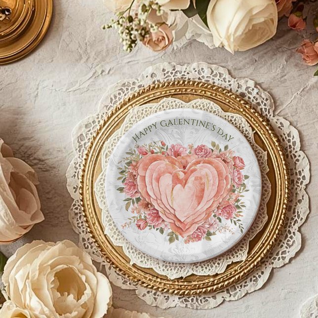 Blush Baroque Rococo Floral Heart Galentine   Paper Plate (Creator Uploaded)