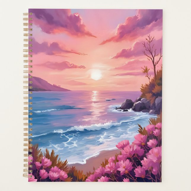 Blush Beach Bay | Ocean Sunset Pink Watercolor Planner (Front)