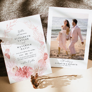 Blush Beach Coastal Seashell Photo Wedding Invitation