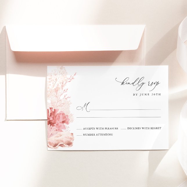 Blush Beach Coastal Seashell Wedding RSVP Card (Coastal blush Seashell Wedding RSVP Card Beach Wedding Stationery, Elegant Destination Respond Card)
