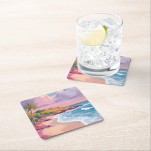 Blush Beach Pink Ocean Painting Square Paper Coaster