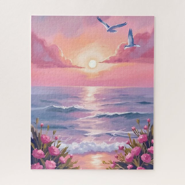Blush Beach | Pink Ocean Sunset Coastal Watercolor Jigsaw Puzzle (Vertical)