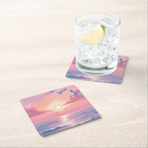 Blush Beach   Pink Ocean Sunset Coastal Watercolor Square Paper Coaster
