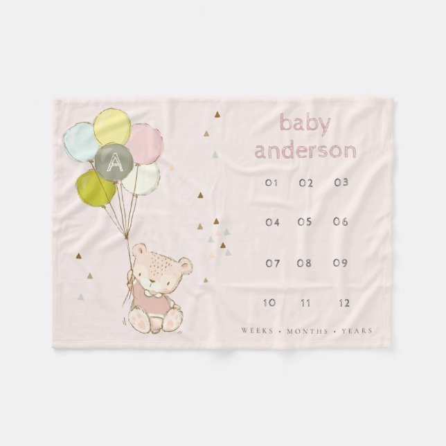 Blush Bear Balloon Girly Monogram Baby Milestone Fleece Blanket (Front (Horizontal))