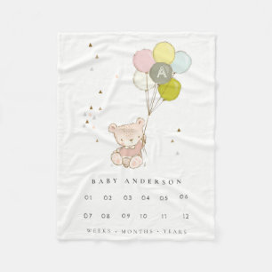 Blush Bear Balloon Girly Monogram Baby Milestone Fleece Blanket