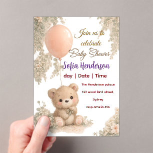 Blush  Bear Soft Water colour floral baby shower Acrylic Invitations