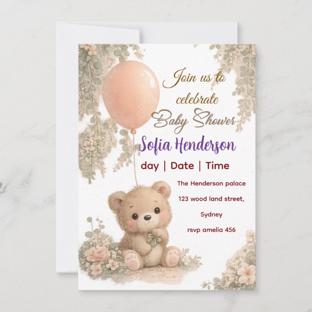Blush  Bear Soft Water colour floral baby shower Invitation (Front)