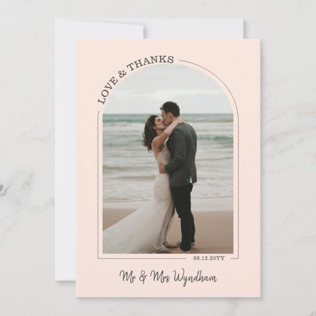 Blush Beautiful Arch Wedding Photo Love & Thanks Thank You Card (Front)