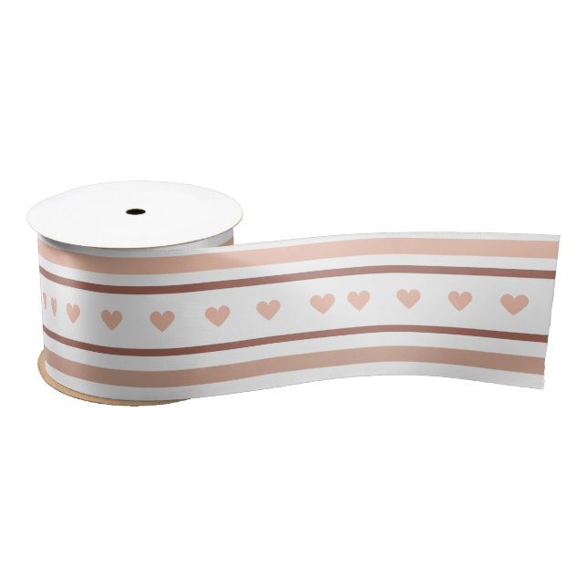 Blush Beige Boho Stripes Gold Foil Hearts Satin Ribbon (Spool)