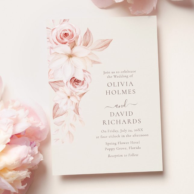 Blush Beige Floral Vertical Wedding Invite (Bohemian Beige and Pink Roses Wedding Invitation on pastel pink table with pink roses.)