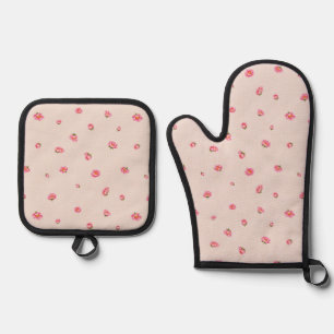 Blush Beige Japanese Winter Peony Floral Pattern Oven Mitt & Pot Holder Set
