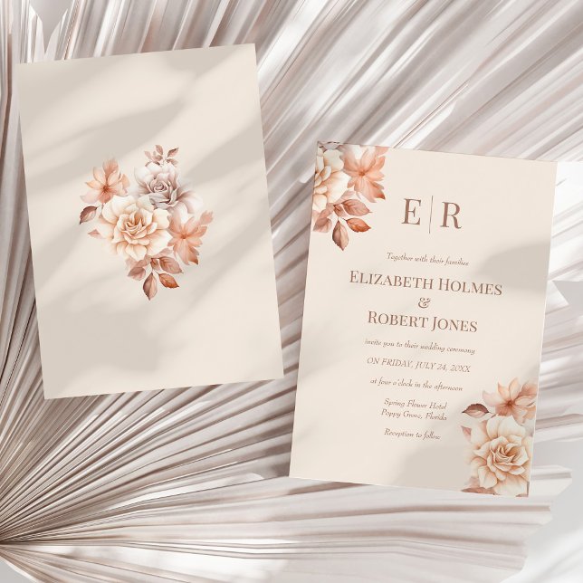 Blush Beige Monogram Wedding Invitation (Modern Rose Gold Floral Monogram Wedding Invitation on a sunny neutral dry palm leaf.)