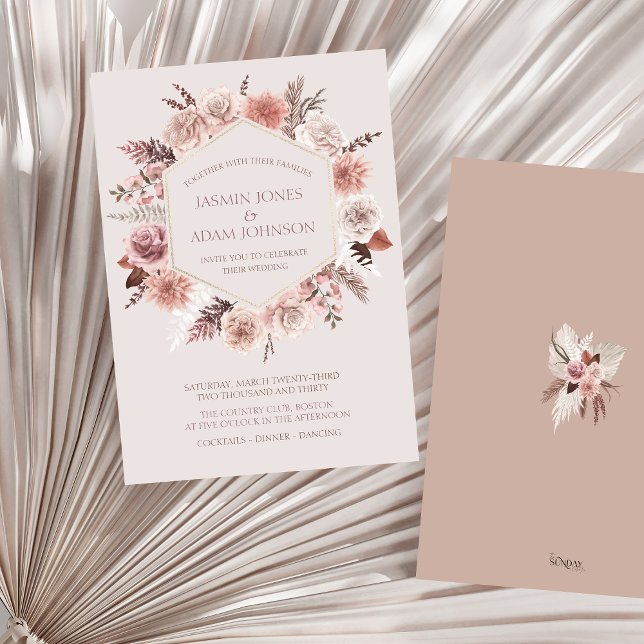 Blush Beige Pampas Floral Boho Wedding Invitation (Boho Blush Pink Dried Flowers Wreath Wedding Invitation)