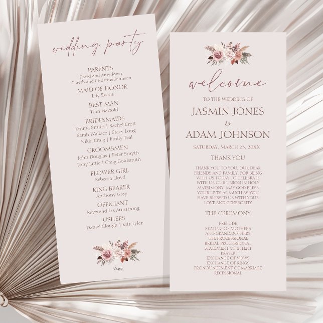 Blush Beige Pampas Floral Boho Wedding Program (Boho Dusty Pink Dried Flowers Wedding Program)