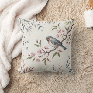 Blush Bird on Branch Throw Pillow