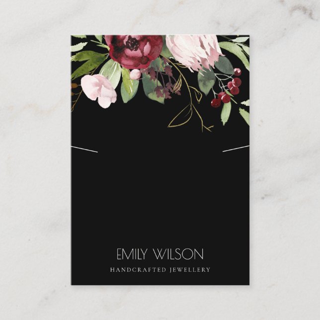 BLUSH BLACK BURGUNDY PROTEA FLORA NECKLACE DISPLAY BUSINESS CARD (Front)