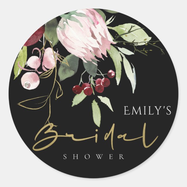 BLUSH BLACK BURGUNDY PROTEA FLORAL BRIDAL SHOWER CLASSIC ROUND STICKER (Front)
