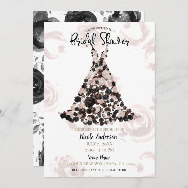 Blush Black Classy Floral Rose Dress Bridal Shower Invitation (Front/Back)