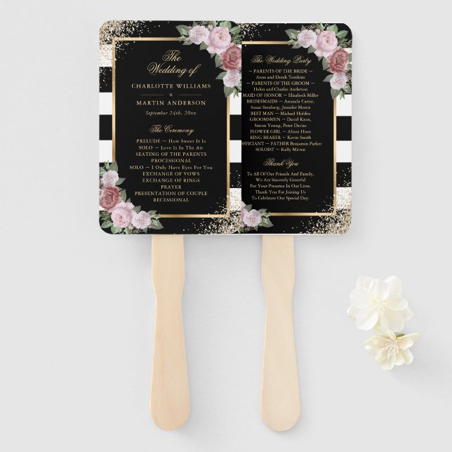 Blush Black Gold Confetti Floral Wedding Program Hand Fan (Front and Back)