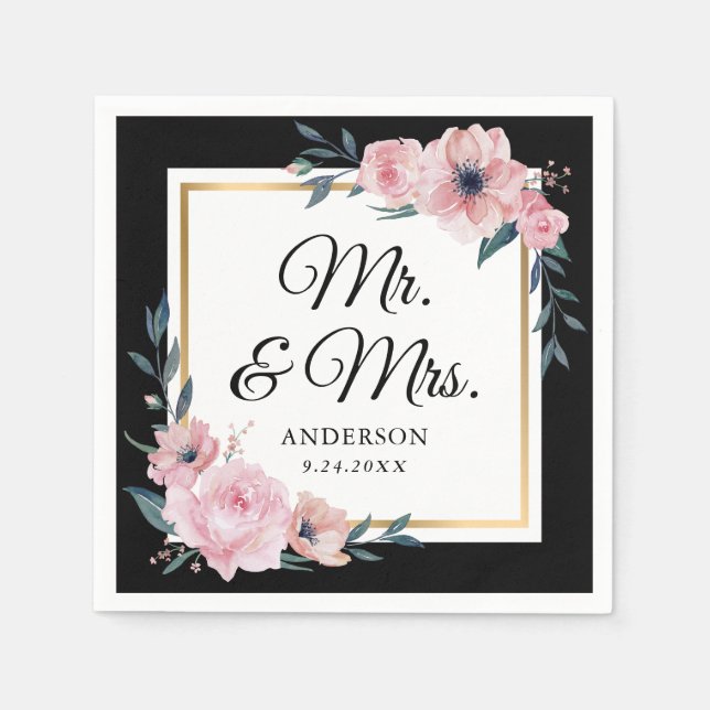 Blush Black Gold Floral Mr. & Mrs. Wedding Napkin (Front)