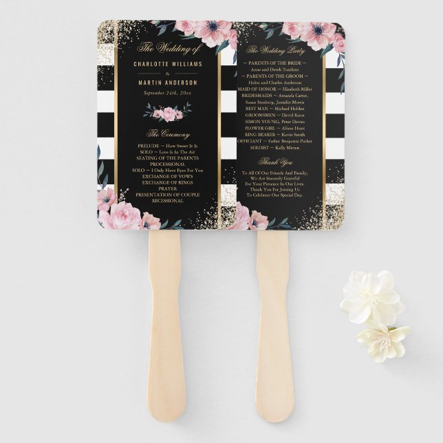 Blush Black Gold Glitter Floral Wedding Program Hand Fan (Front and Back)