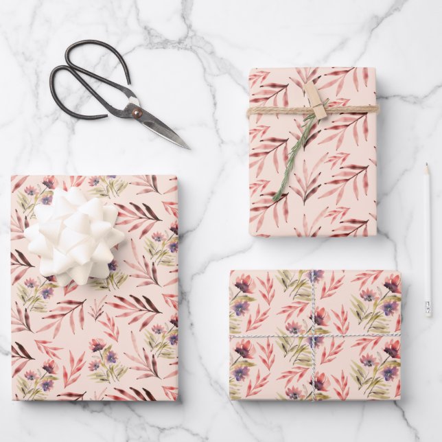 Blush Black Purple Wildflowers Watercolor Art Wrapping Paper Sheet (Front)