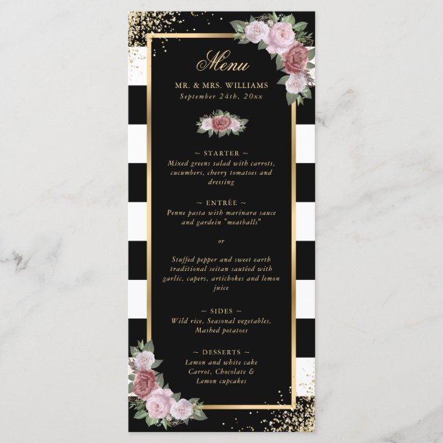 Blush Black White Gold Confetti Floral Wedding Menu (Front)