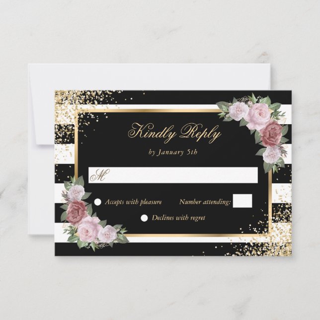 Blush Black White Gold Confetti Floral Wedding RSVP Card (Front)