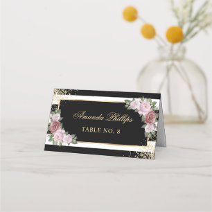 Blush Black White Gold Floral Wedding Place Card