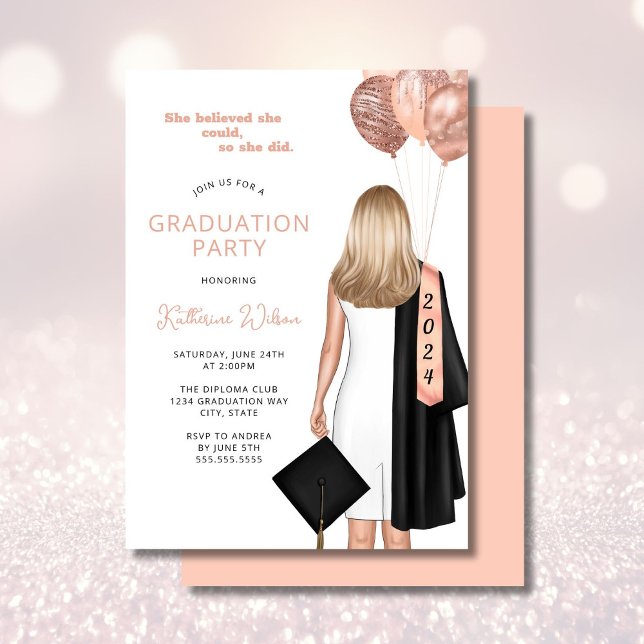 Blush Blonde Female She Believed Graduation Party Invitation (Creator Uploaded)