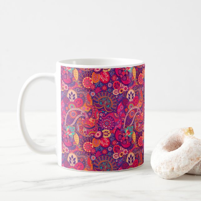 Blush Bloom: Artistic Pink Garden Pattern Coffee Mug (With Donut)