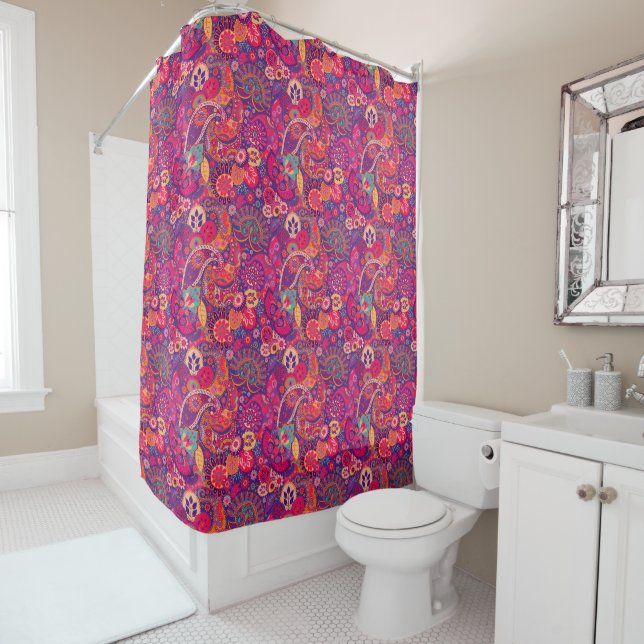 Blush Bloom: Artistic Pink Garden Pattern Shower Curtain (In Situ)