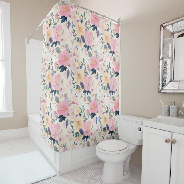 Blush & Bloom Elegant Floral Romantic Shower Curtain (In Situ)