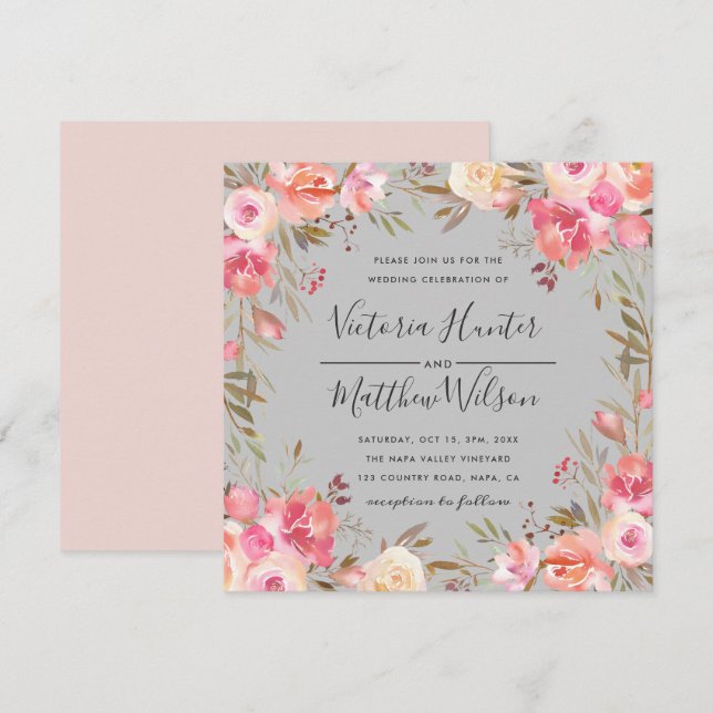 Blush Bloom Floral Wedding Invitation | Grey (Front/Back)