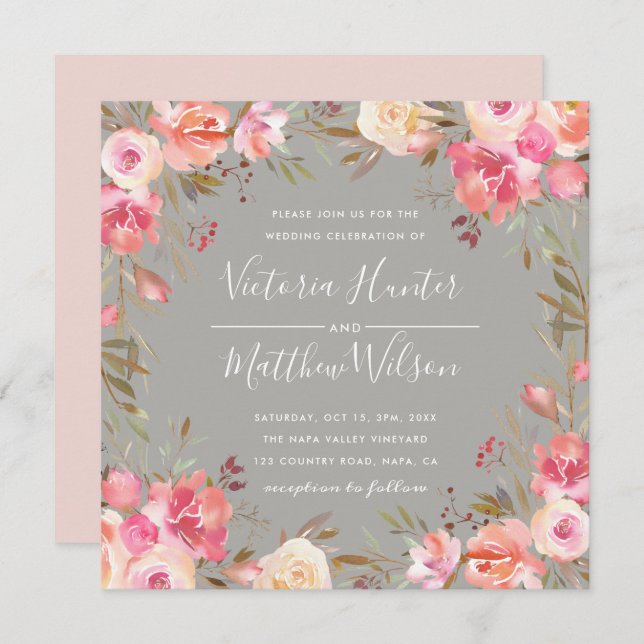 Blush Bloom Floral Wedding Invitation | Grey (Front/Back)