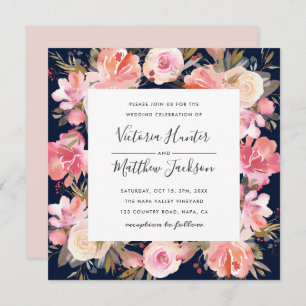 Blush Bloom Floral Wedding Invitation   Navy