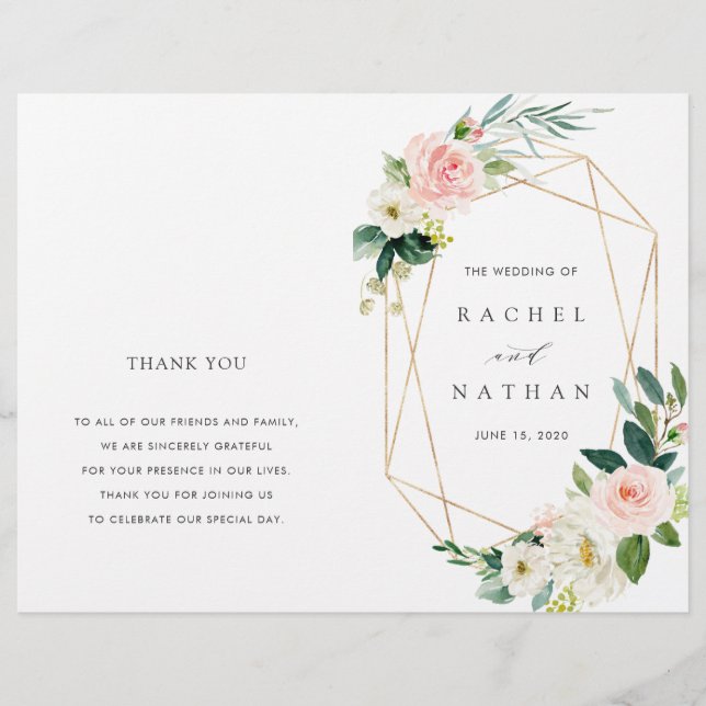 Blush Bloom Gold Frame Folded Wedding Program (Front)