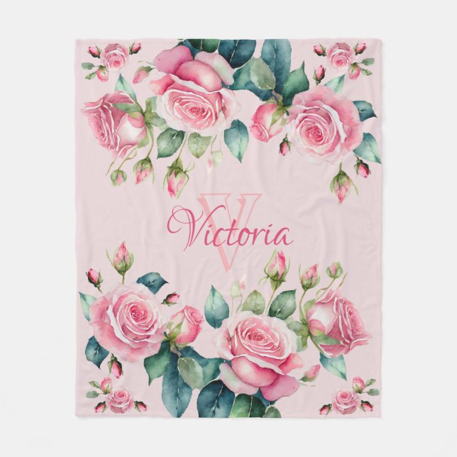Blush Blooms: A Watercolor Rose Fleece Blanket (Front)