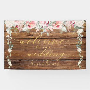Blush Blooms Fancy Gold Calligraphy Wood Welcome Banner