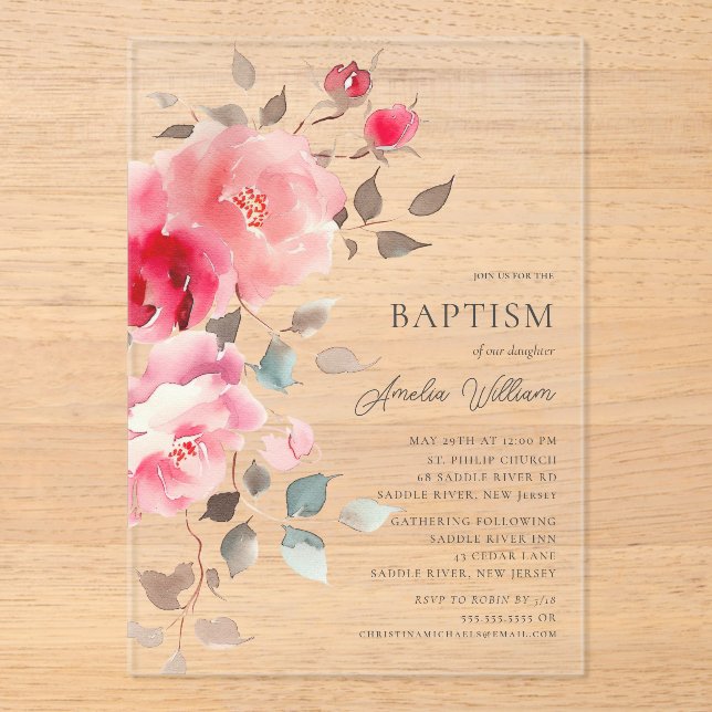 Blush Blossoms Baptism Invitation (Front)