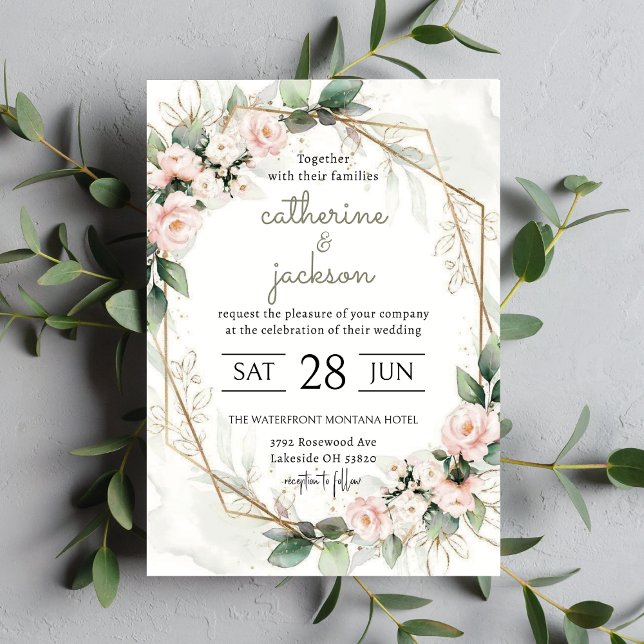 Blush Blossoms: Chic Gold-Framed Wedding Invitation (Creator Uploaded)