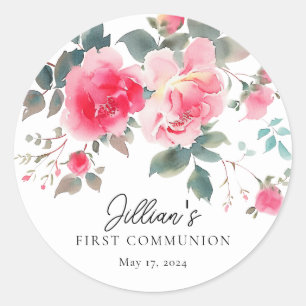 Blush Blossoms First Communion Classic Round Sticker