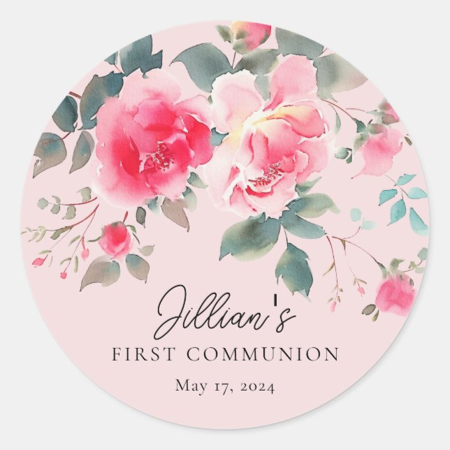 Blush Blossoms First Communion Classic Round Sticker (Front)