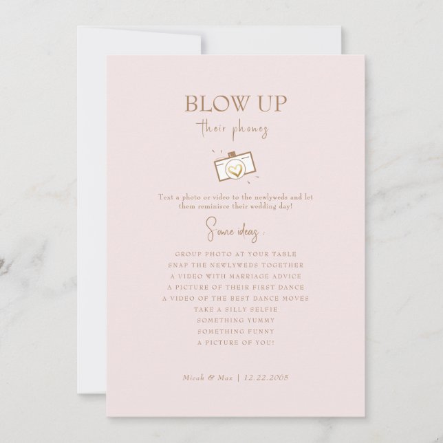 Blush Blow Up Their Phones Reception Gold Text Invitation (Front)