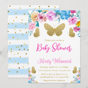 Blush. Blue and Gold Floral  Butterfly Baby Shower Invitation