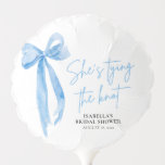 Blush Blue Bow She's Tying the Knot Bridal Shower Balloon<br><div class="desc">Elevate your bridal shower decor with our Blush Blue Bow She's Tying the Knot Bridal Shower Balloon. Featuring a stylish blush blue bow design and elegant typography, this balloon adds a festive touch to your celebration. Perfect for creating a cohesive and charming atmosphere, it's ideal for decorating the venue or...</div>