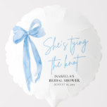 Blush Blue Bow She's Tying the Knot Bridal Shower Balloon<br><div class="desc">Elevate your bridal shower decor with our Blush Blue Bow She's Tying the Knot Bridal Shower Balloon. Featuring a stylish blush blue bow design and elegant typography, this balloon adds a festive touch to your celebration. Perfect for creating a cohesive and charming atmosphere, it's ideal for decorating the venue or...</div>